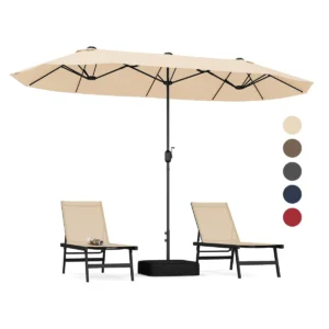 240 cm hoge dubbele terrasparaplu extra grote 396cm paraplu slinger verzwaarde basis slot ventilatie offset deurparaplu voor tuin beige 1