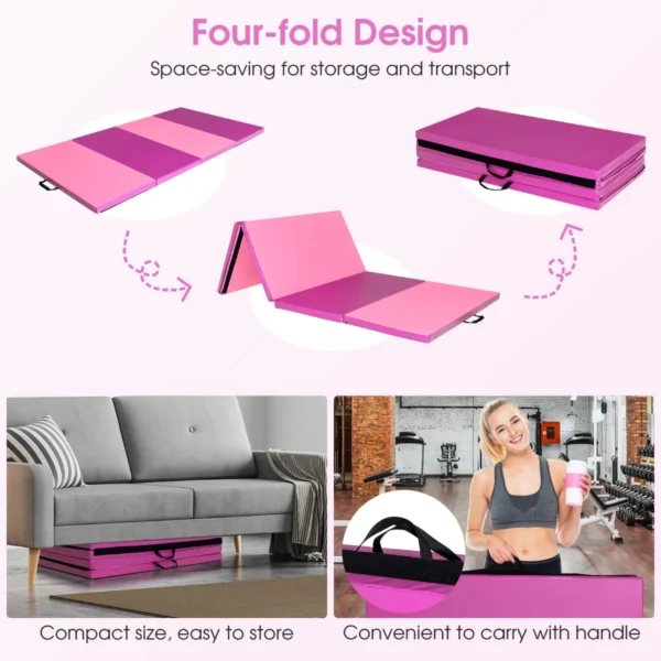 240 x 120 x 5cm gymnastiek mat opvouwbare oefenmat met handvat afneembare kunstleeren hoes lichtgewicht tumbling mat roze 5