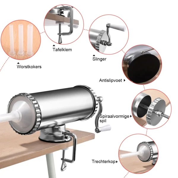 2,5kg worstvuller handbediend worstmachine van aluminiumlegering worstvulmachine zilver worstpers met tafelklem worstspuit 5