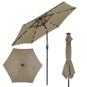 2,7 m kantelbare parasol met led verlichting op zonne energie verkeerslicht parasol tuinparasol stalen steel polyester stof bruin 1