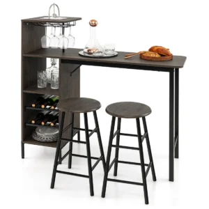 3 delige bartafel en stoelenset pubtafel en kruk met wijnrek voor 6 flessen eettafel en stoelen bistrotafelmet 2 krukken rustiek bruin 1