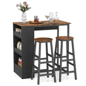 3 delige bartafelset met 3 opbergplanken en 2 krukken ruimtebesparende keukentafelset stevig metalen frame bruin + zwart 1