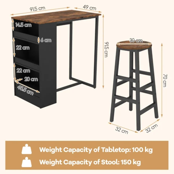 3 delige bartafelset met 3 opbergplanken en 2 krukken ruimtebesparende keukentafelset stevig metalen frame bruin + zwart 3