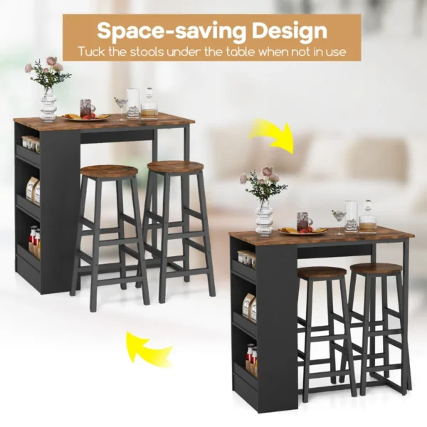 3 delige bartafelset met 3 opbergplanken en 2 krukken ruimtebesparende keukentafelset stevig metalen frame bruin + zwart 4