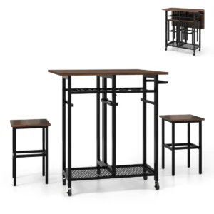 3 delige eettafelset uitschuifbare keukentafel met 2 krukken rollende eettafelset met wijnrek voor 6 flessen & planken bruin 1