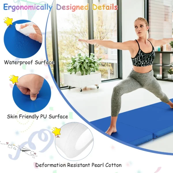 3 delige opvouwbare oefenmat antislip gymnastiekmat lichtgewicht draagbaar met 2 handgrepen 3 zijdig klittenband blauw 6