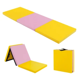 3 delige opvouwbare oefenmat antislip gymnastiekmat lichtgewicht draagbaar met 2 handgrepen 3 zijdig klittenband geel + roze 1