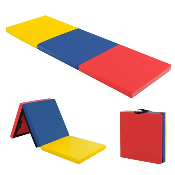 3 delige opvouwbare oefenmat antislip gymnastiekmat lichtgewicht draagbaar met 2 handgrepen 3 zijdig klittenband geel+blauw+rood 1