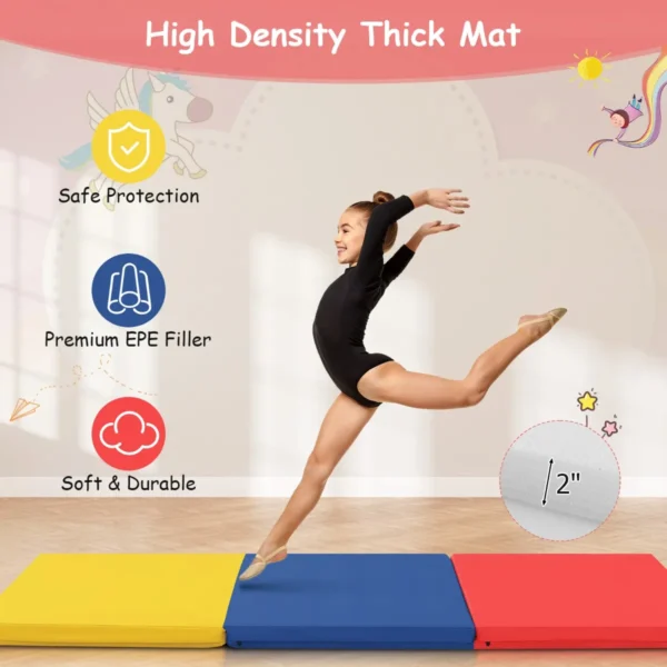 3 delige opvouwbare oefenmat antislip gymnastiekmat lichtgewicht draagbaar met 2 handgrepen 3 zijdig klittenband geel+blauw+rood 5