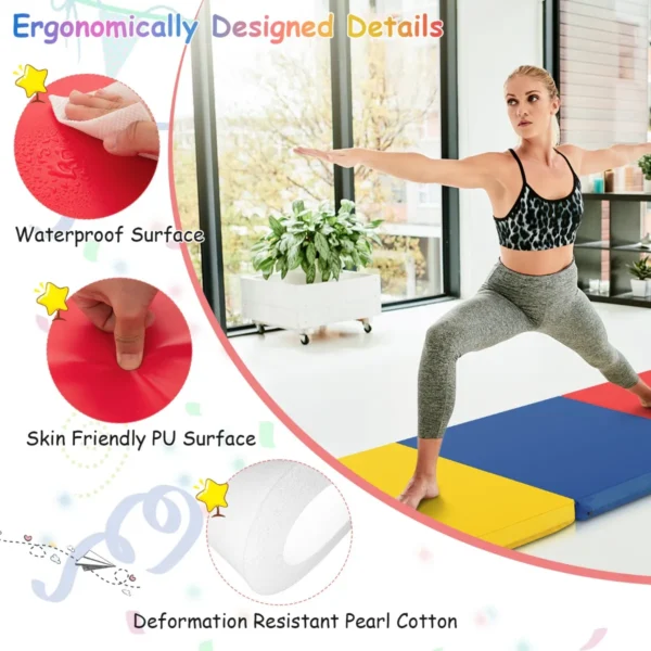 3 delige opvouwbare oefenmat antislip gymnastiekmat lichtgewicht draagbaar met 2 handgrepen 3 zijdig klittenband geel+blauw+rood 6