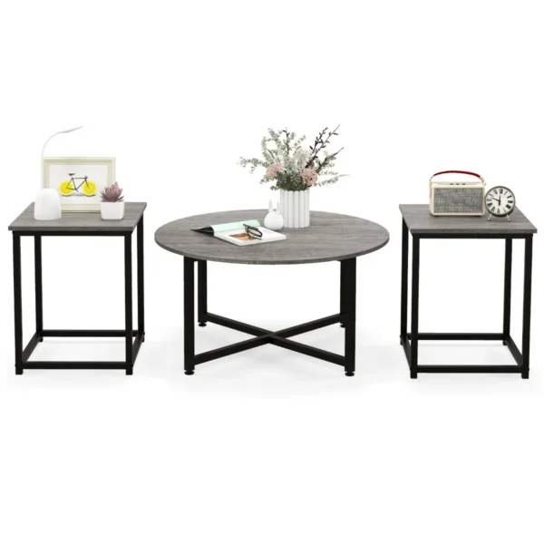 3 delige salontafelset ronde salontafel en 2 vierkante bijzettafels met stevig metalen frame 3 moderne salontafels grijs 2
