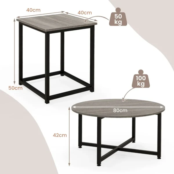 3 delige salontafelset ronde salontafel en 2 vierkante bijzettafels met stevig metalen frame 3 moderne salontafels grijs 3