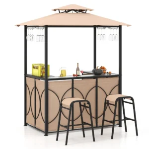 3 delige terrasbarset grillpaviljoen en 2 barkrukken met bartafel van gehard glas metalen planken en glashouder bruin 1