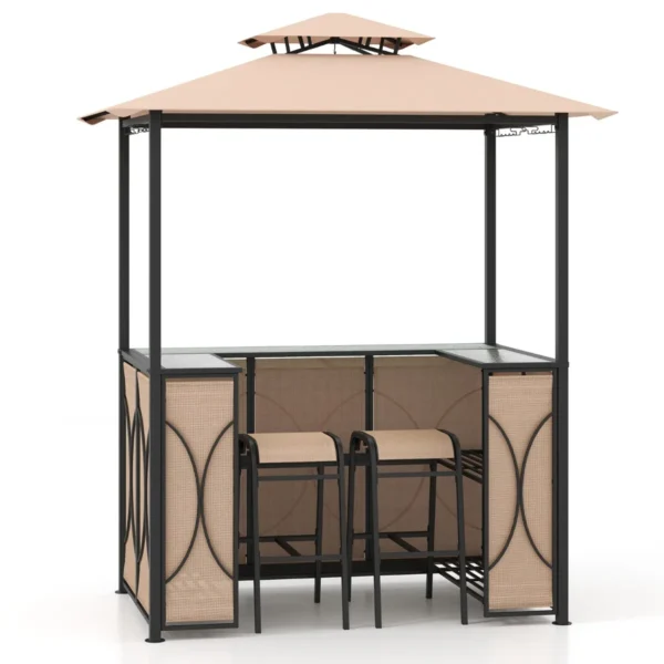 3 delige terrasbarset grillpaviljoen en 2 barkrukken met bartafel van gehard glas metalen planken en glashouder bruin 2