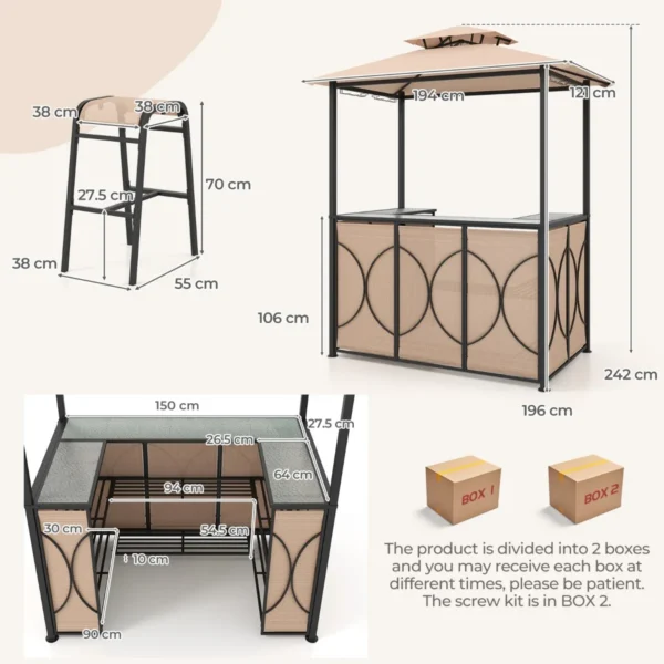 3 delige terrasbarset grillpaviljoen en 2 barkrukken met bartafel van gehard glas metalen planken en glashouder bruin 3