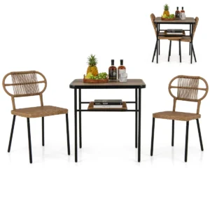 3 delige tuinset 2 stapelbare rotan stoelen in verschillende maten en eettafel met plank metalen frame voor binnen en buitengebruik 1
