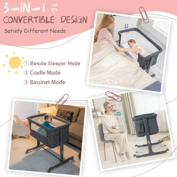 3 in 1 baby wiegje met 5 standen verstelbare hoogte 10° kanteling draagbaar wiegje voor baby & kind grijs 3