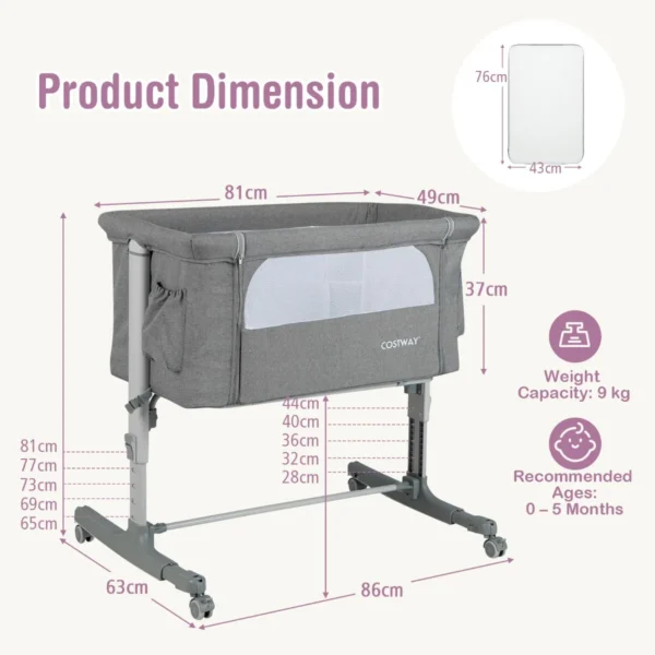 3 in 1 baby wiegje met 5 standen verstelbare hoogte 10° kanteling draagbaar wiegje voor baby & kind licht grijs 3