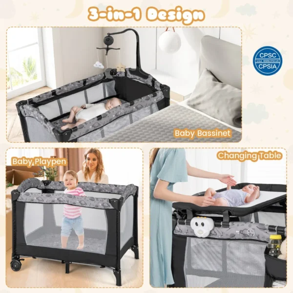 3 in 1 box voor baby's van 0 tot 3 jaar afneembare luiertafel matras muziekdoosje opbergtas met vergrendelbare wielen en draagtas 4