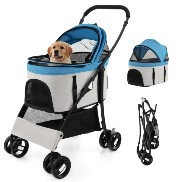 3 in 1 huisdierwagen met verwijderbare drager opvouwbare transportwagen voor honden & katten 4 wiel reiswagen blauw 2