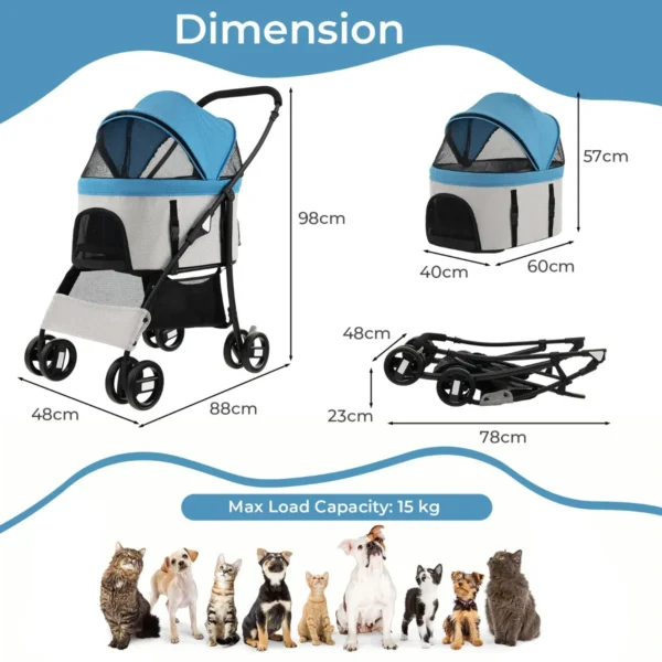 3 in 1 huisdierwagen met verwijderbare drager opvouwbare transportwagen voor honden & katten 4 wiel reiswagen blauw 3