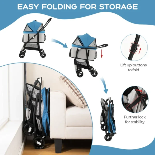 3 in 1 huisdierwagen met verwijderbare drager opvouwbare transportwagen voor honden & katten 4 wiel reiswagen blauw 4