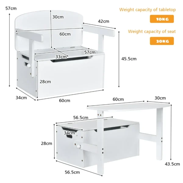 3 in 1 kinderen activiteitentafel set met bureau & bankje & opbergdoos voor kleuterschool kinderkamer woonkamer wit 4
