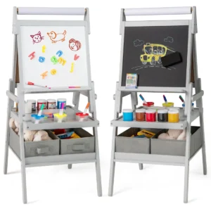 3 in 1 kinderezel dubbelzijdige staande ezel met schoolbord en whiteboard papierrol 3 potten verf en 2 opbergbakken voor kinderen grijs 1