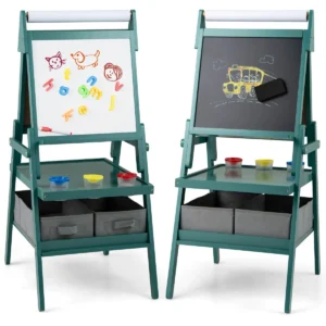 3 in 1 kinderezel dubbelzijdige staande ezel met schoolbord en whiteboard papierrol 3 potten verf en 2 opbergbakken voor kinderen groen 1