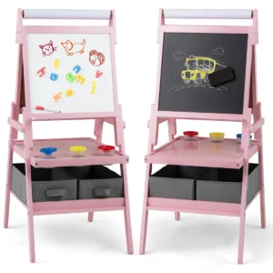 3 in 1 kinderezel dubbelzijdige staande ezel met schoolbord en whiteboard papierrol 3 potten verf en 2 opbergbakken voor kinderen roze 1