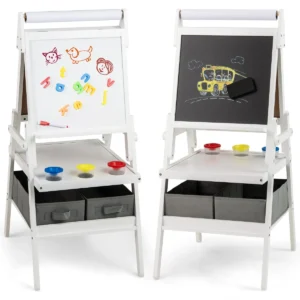 3 in 1 kinderezel dubbelzijdige staande ezel met schoolbord en whiteboard papierrol 3 potten verf en 2 opbergbakken voor kinderen wit 1