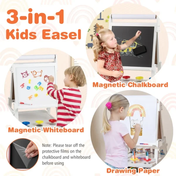 3 in 1 kinderezel dubbelzijdige staande ezel met schoolbord en whiteboard papierrol 3 potten verf en 2 opbergbakken voor kinderen wit 3