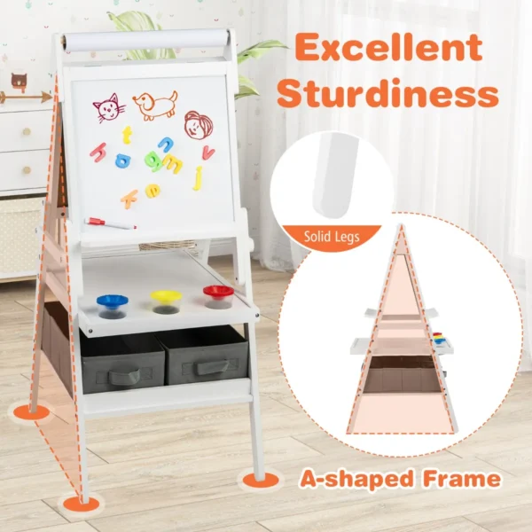 3 in 1 kinderezel dubbelzijdige staande ezel met schoolbord en whiteboard papierrol 3 potten verf en 2 opbergbakken voor kinderen wit 5