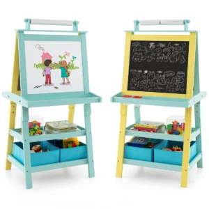 3 in 1 kinderschildersezel dubbelzijdig whiteboard & krijtbord & tekenpapier 2 planken houten bord met 2 opbergdozen blauw + geel 1
