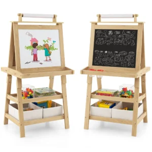3 in 1 kinderschildersezel dubbelzijdig whiteboard & krijtbord & tekenpapier 2 planken houten bord met 2 opbergdozen (natuur) 1