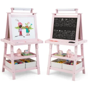 3 in 1 kinderschildersezel dubbelzijdig whiteboard & krijtbord & tekenpapier 2 planken houten bord met 2 opbergdozen (roze) 1