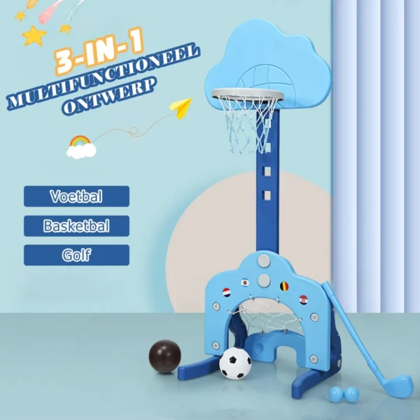 3 in 1 kinderspeelplaats in hoogte verstelbare basketbalkorf & voetbaldoel en golf basketbalstandaard incl. ballen en golfclub (blauw) 5