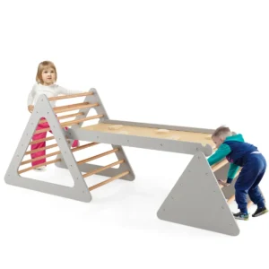3 in 1 klimdriehoek ladder en glijbaan klimrek met dubbelzijdige helling klimdriehoek voor klimmen en glijden (grijs + natuur) 1