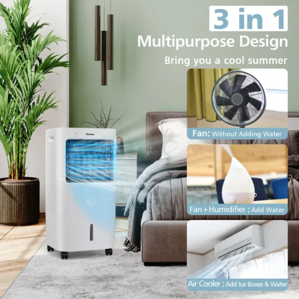 3 in 1 mobiele luchtkoeler met 2 koelaccu's airconditioning luchtreiniger airconditioner tank van 20 liter 7,5 uur timer 4 standen 3