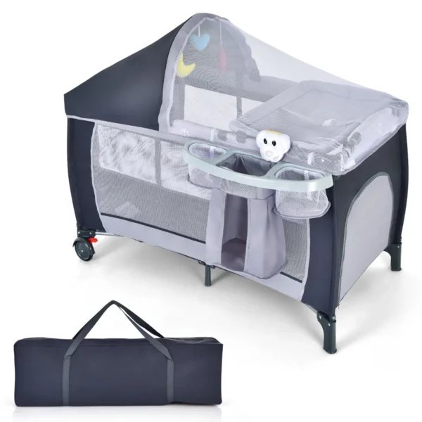 3 in 1 opvouwbaar babybedje luiertafel afneembaar en verstelbaar net inclusief muziekdoos hangend speelgoed en draagtas grijs 1