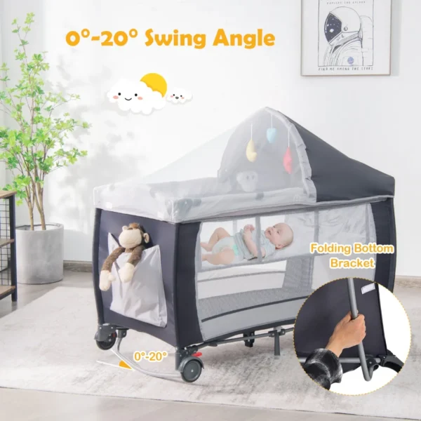 3 in 1 opvouwbaar babybedje luiertafel afneembaar en verstelbaar net inclusief muziekdoos hangend speelgoed en draagtas grijs 3