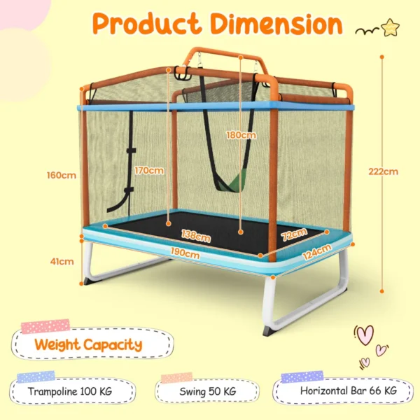 3 in 1 rechthoekige kindertrampoline voor buiten met schommel & horizontale rekstok tuintrampoline met veiligheidsnet 190 x 124 cm 5