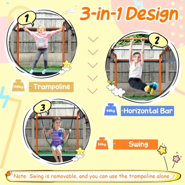 3 in 1 rechthoekige kindertrampoline voor buiten met schommel & horizontale rekstok tuintrampoline met veiligheidsnet 190 x 124 cm 6