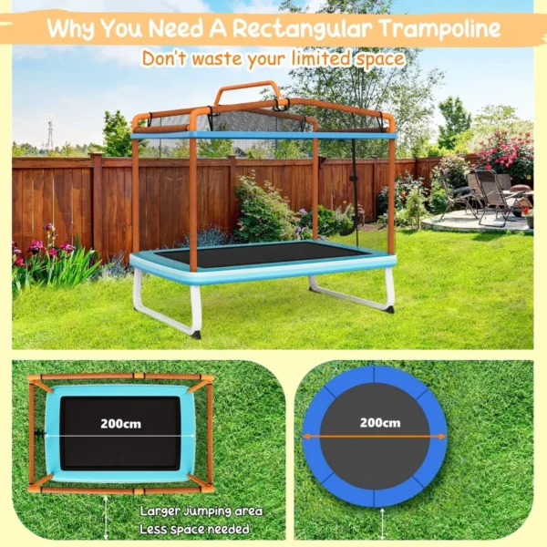3 in 1 rechthoekige kindertrampoline voor buiten met schommel & horizontale rekstok tuintrampoline met veiligheidsnet 190 x 124 cm 7