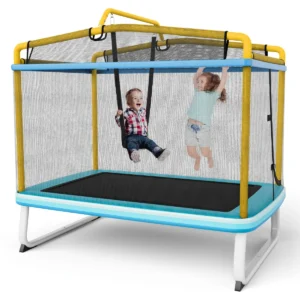 3 in 1 rechthoekige kindertrampoline voor buiten met schommel & horizontale rekstok tuintrampoline met veiligheidsnet (blauw+geel) 1