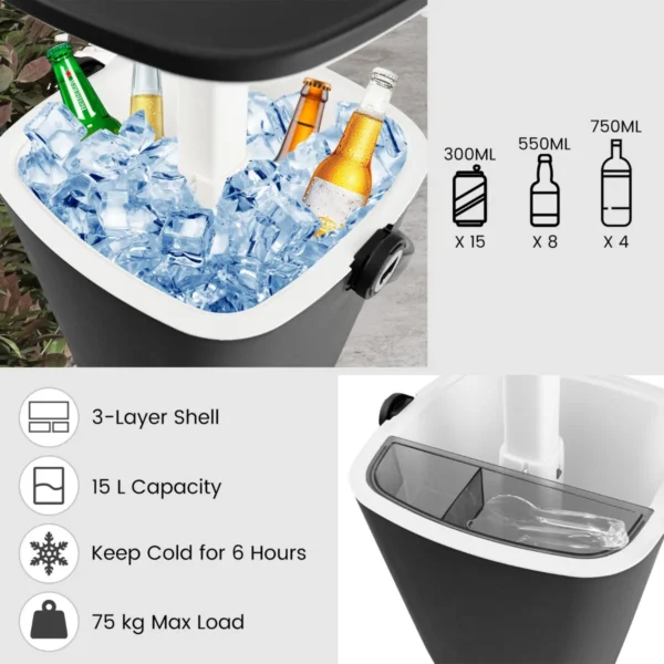 3 in 1 weerbestendige pp buiten ijsemmer met flesopener handvat 15l tuin eettafel met lift up deksel voor zwembaden terrassen zwart 5