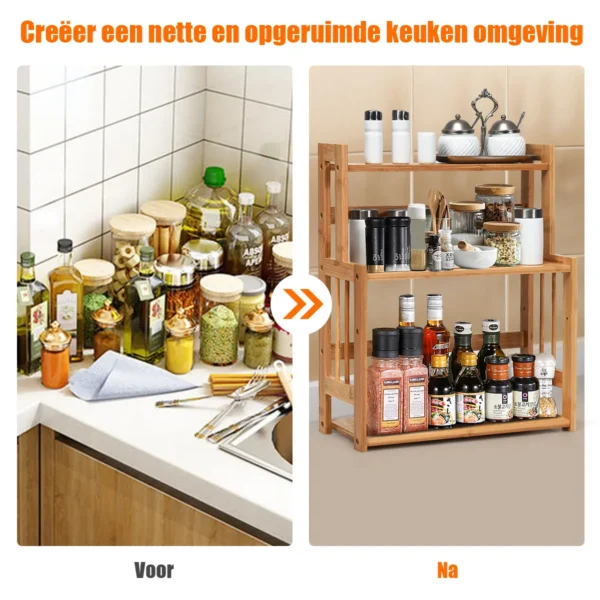 3 laags bamboe kruidenrek verstelbare hoogte open plank ontwerp waterdicht oppervlak opslag rek voor keuken badkamer slaapkamer 7