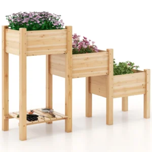 3 laags houten verhoogd tuinbed open opbergplank 3 verhoogde plantenbakken afvoergaten voor fruit groenten bloemen 1