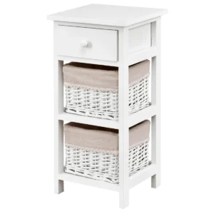 3 laags nachtkastje met lade en 2 opbergmanden 28 x 26 x 59,5 cm wit +beige 1