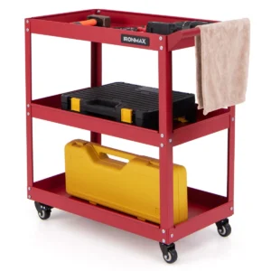3 laags rollende gereedschapswagen zware metalen wagen met 3 ruime planken en 4 universele wielen met 2 remmen rood 1